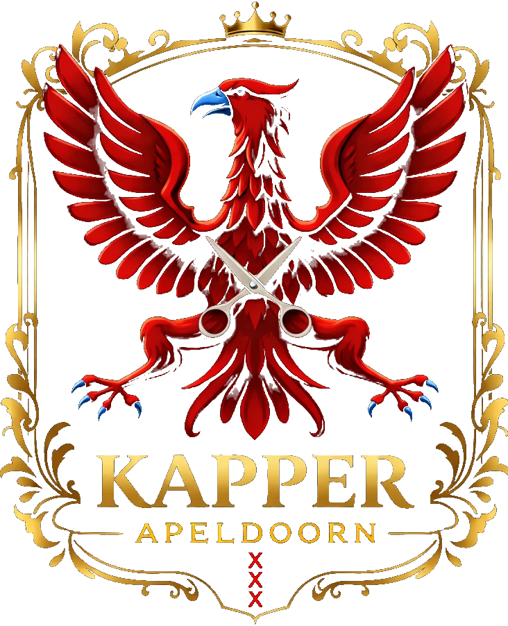 Logo van Kapper Apeldoorn in rood, zwart en goud